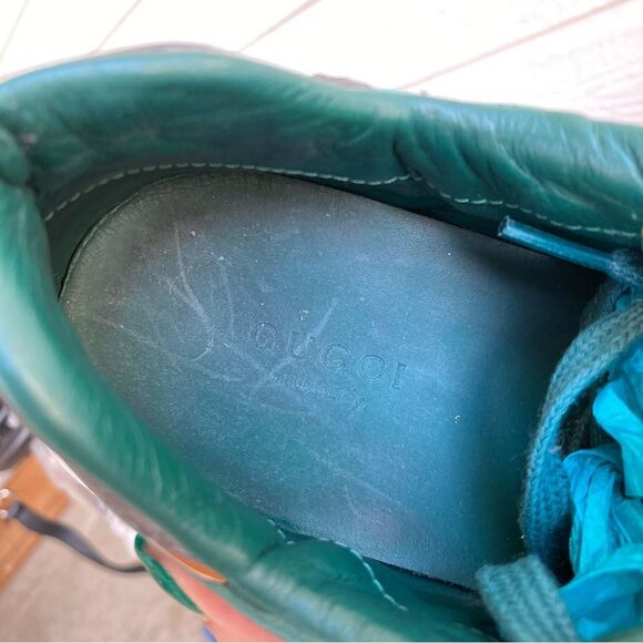 GUCCI. TEAL green Heart Satin Silk Monogram Sneakers Ace Princetown oxfords 36.5 - Picture 12 of 13
